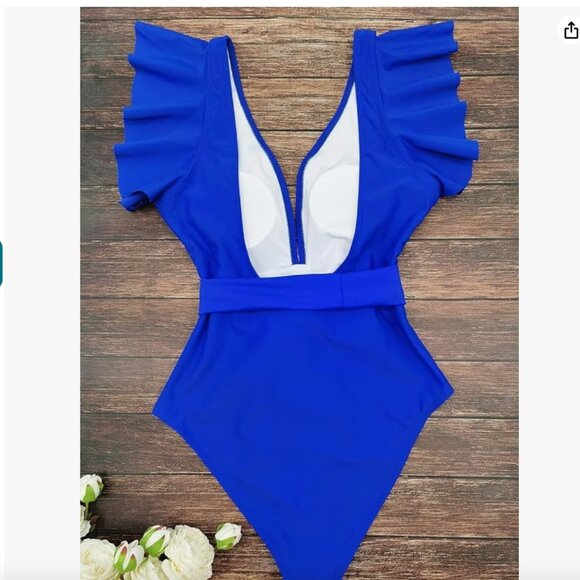 Deep V Neck Ruffle One Piece Swimsuit SIZE MEDIUM NEW WITH TAGS - Picture 5 of 7